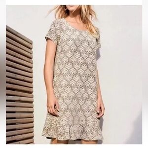 Garnet Hill Cream and Taupe Printed Short Sleeve Shift Dress